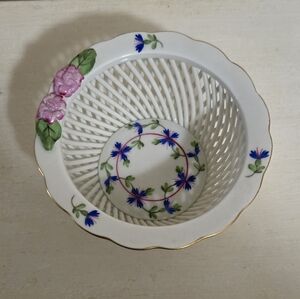 Vintage Herend Blue Garland Floral Porcelain Basket with Gold Trim